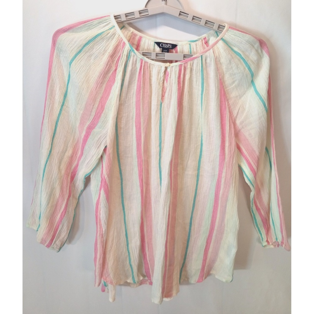 Chaps Keyhole Women's Peasant Blouse‎ Top, Large, Pastel Striped, Boho